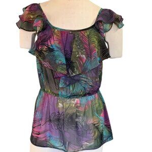 Bisou Bisou Sleeveless Sheer Ruffle Top Peacock Print Sz XS #138J